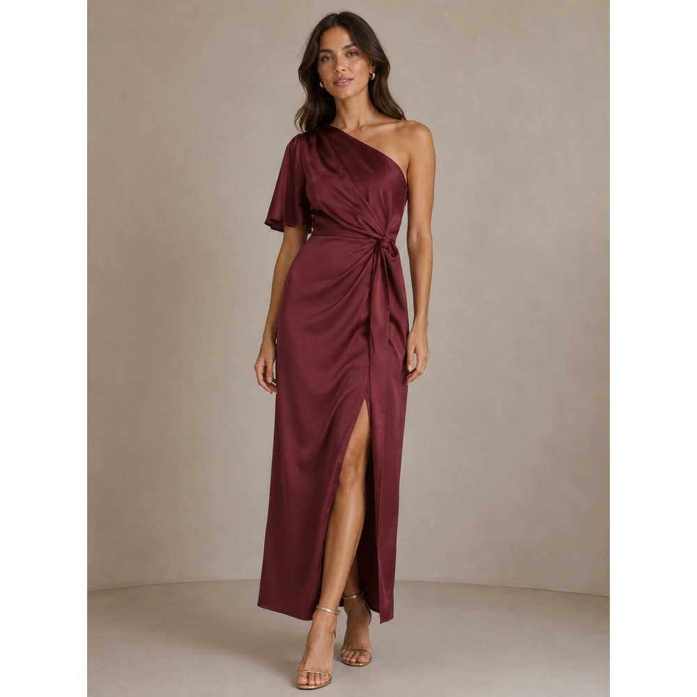 Harlyn Dress Womens XS Burgundy‎ One Shoulder Maxi Satin Formal Wedding Guest